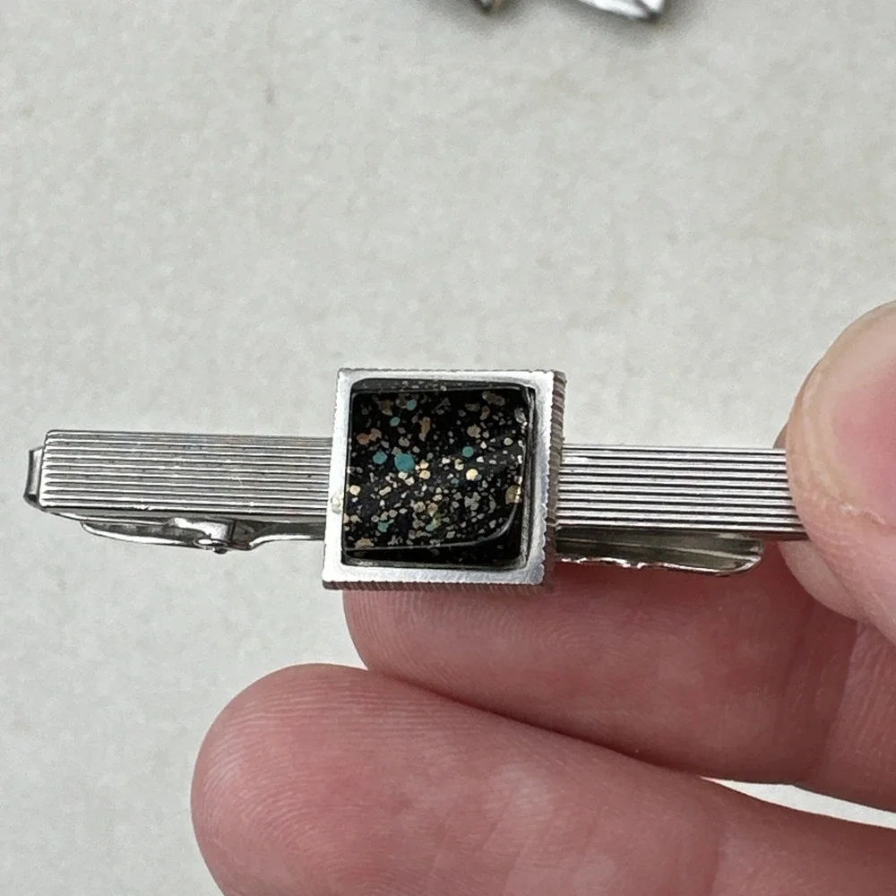 Vintage Anson Cufflinks & Tie Clip Set Silver Black Gold Turquoise Flakes
